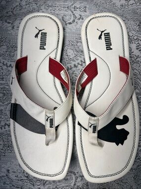 Puma White Flip Flops with Black Puma Print and Red Strap Accents - Size 12